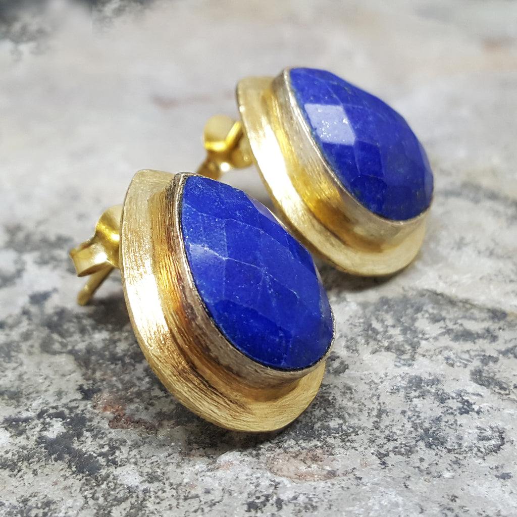 Rain Drops Lapis Lazuli Gold Stud Earrings InkaCreations
